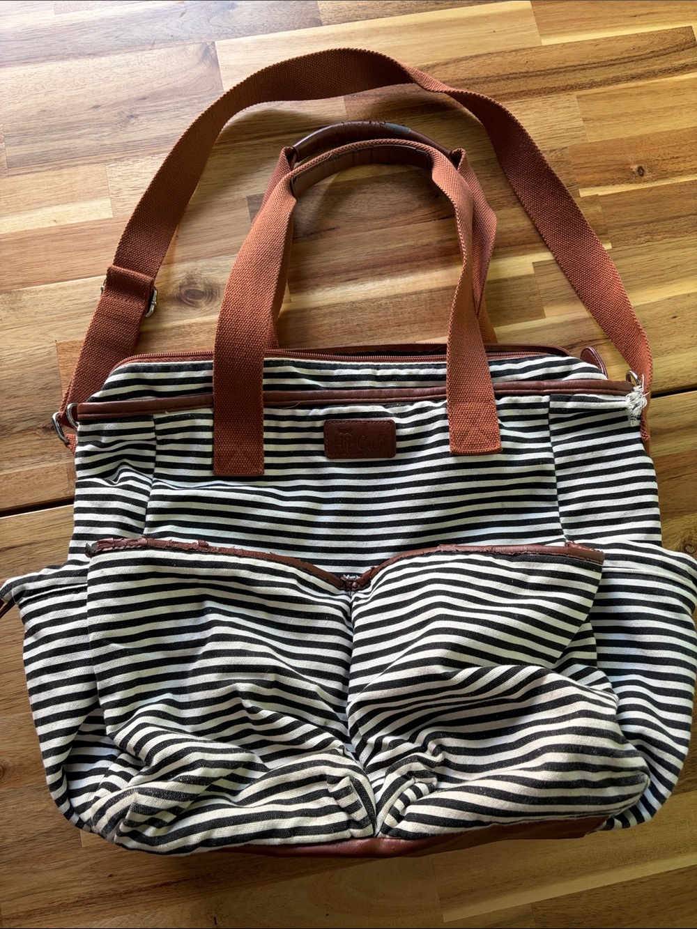 Striped Canvas Diaper Bag with Rust Accents